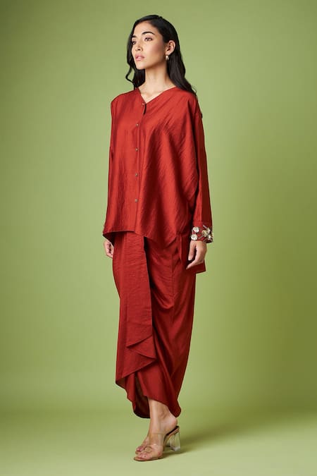 Aakaar_Orange Cotton, Silk Embroidery V-neck Shirt Tunic And Draped Skirt Set _Online_at_Aza_Fashions