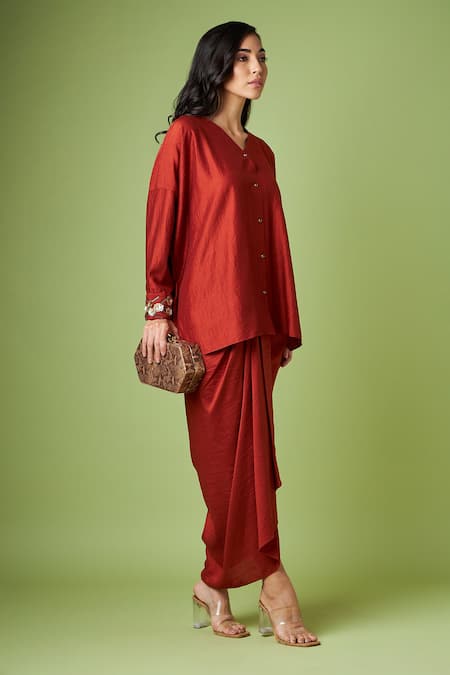 Shop_Aakaar_Orange Cotton, Silk Embroidery V-neck Shirt Tunic And Draped Skirt Set _Online_at_Aza_Fashions