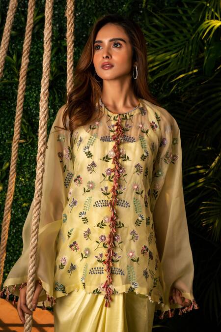 Shop Pallavi Poddar Yellow Organza, Satin Pearls, Tassels Garland Embroidered Top And Draped Skirt Set Online at Aza Fashions Shop_Pallavi Poddar_Yellow Organza, Satin Pearls, Tassels Garland Embroidered Top And Draped Skirt Set _Online_at_Aza_Fashions