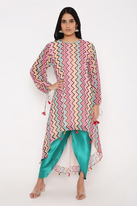 Bha Sha_Multi Color Georgette, Satin, Crepe Venus Chevron Print Tunic And Dhoti Pant Set _Online_at_Aza_Fashions