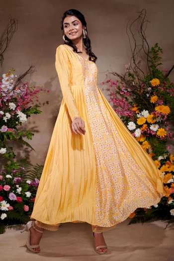 SHASHA GABA_Yellow Viscose, Organza, Silk, Chanderi Printed Glory A-line Anarkali And Pant Set _Online_at_Aza_Fashions