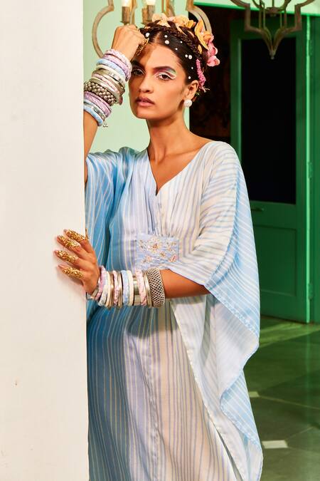 Mona And Vishu_Blue Modal Satin Stripe Print, Zari And Resham Work V Neck Kaftan _Online_at_Aza_Fashions