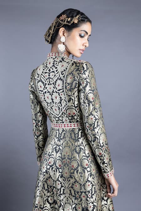 Abhishek Gupta_Black Brocade Lining Shantoon Embroidery Band Collar Long Jacket Set  _Online_at_Aza_Fashions