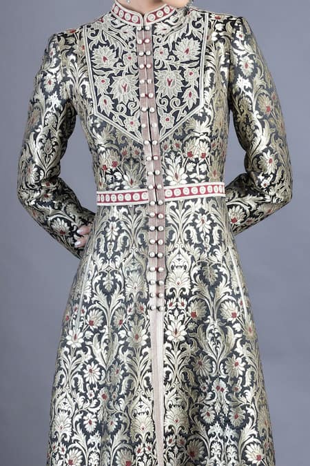 Buy_Abhishek Gupta_Black Brocade Lining Shantoon Embroidery Band Collar Long Jacket Set  _Online_at_Aza_Fashions