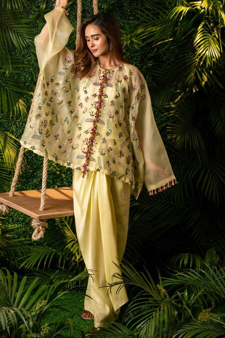 Pallavi Poddar_Yellow Organza, Satin Pearls, Tassels Garland Embroidered Top And Draped Skirt Set _Online_at_Aza_Fashions