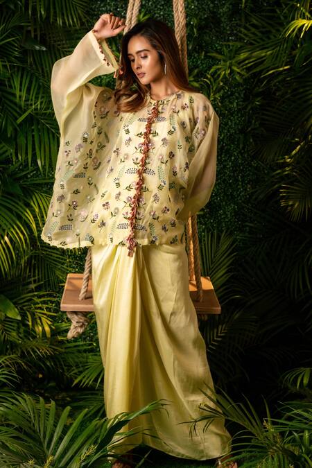 Buy_Pallavi Poddar_Yellow Organza, Satin Pearls, Tassels Garland Embroidered Top And Draped Skirt Set _Online_at_Aza_Fashions