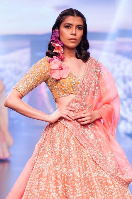 Anushree Reddy_Orange Organza Tassels, Zari Nirvana Flower Vine Embroidered Bridal Lehenga Set _Online_at_Aza_Fashions