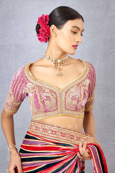 Torani_Pink Velvet And Crepe Digital Print, Gota Patti & Ruzava Mridula Blouse _at_Aza_Fashions