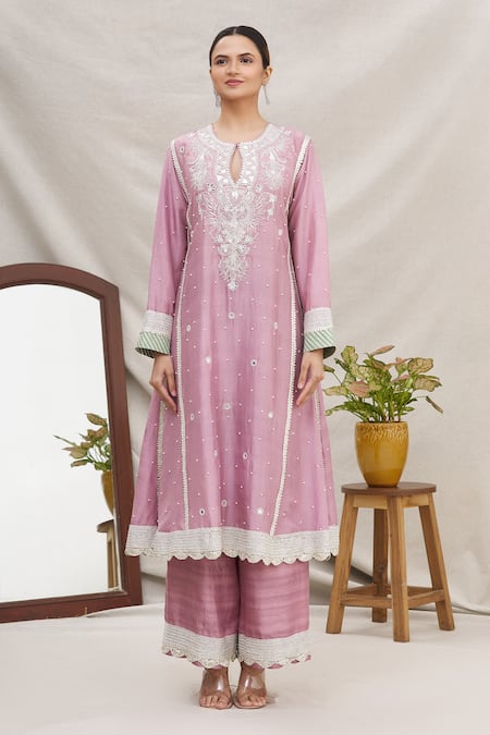 Buy_Ekta Singh_Pink Silk Round Anarkali Set _Online_at_Aza_Fashions