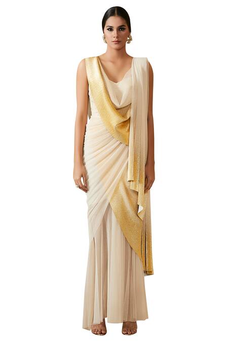 Tarun Tahiliani_Off White Pre-draped Saree With Corset _Online_at_Aza_Fashions