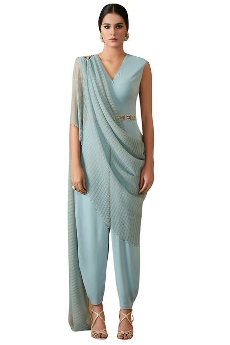 Buy_Tarun Tahiliani_Blue V Neck Jumpsuit With Saree Drape _Online_at_Aza_Fashions