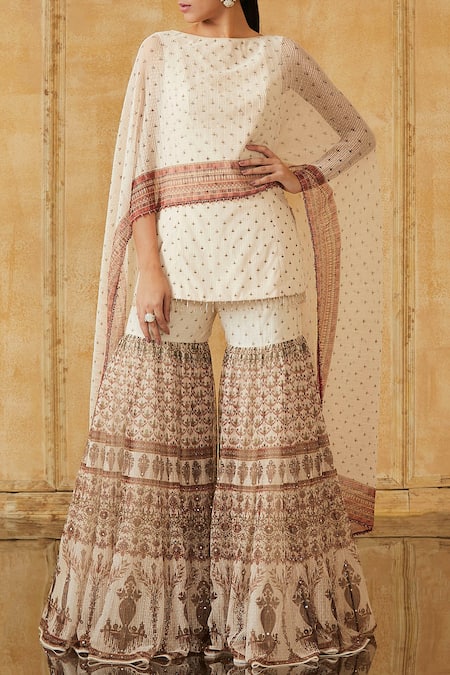 Tarun Tahiliani Off White Textured Crinkled Net Bateau Embroidered Sharara Set 