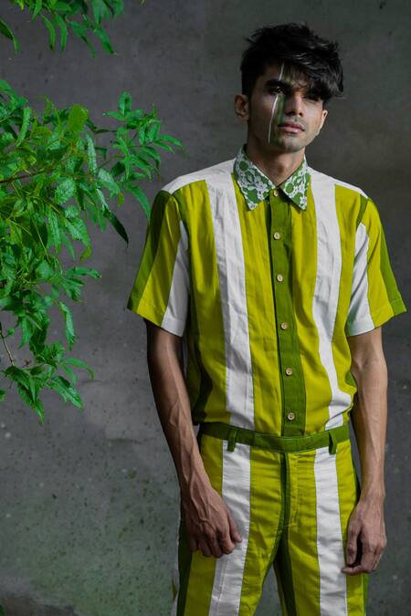 Runit Gupta_Green 100% Cotton Striped Pant Set_Online_at_Aza_Fashions