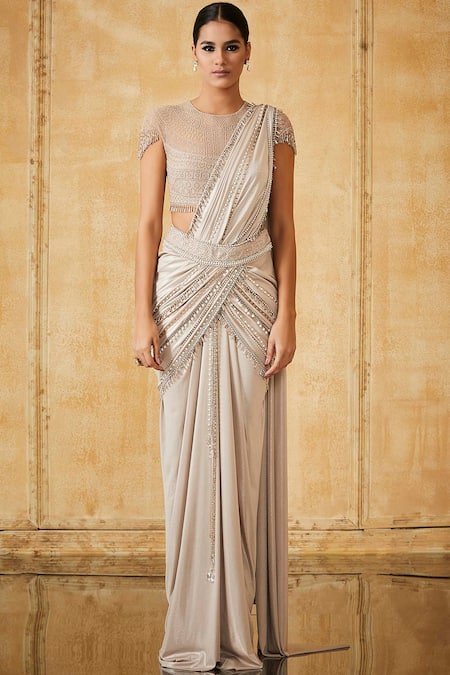 Tarun Tahiliani Grey Pre-draped Saree With Blouse