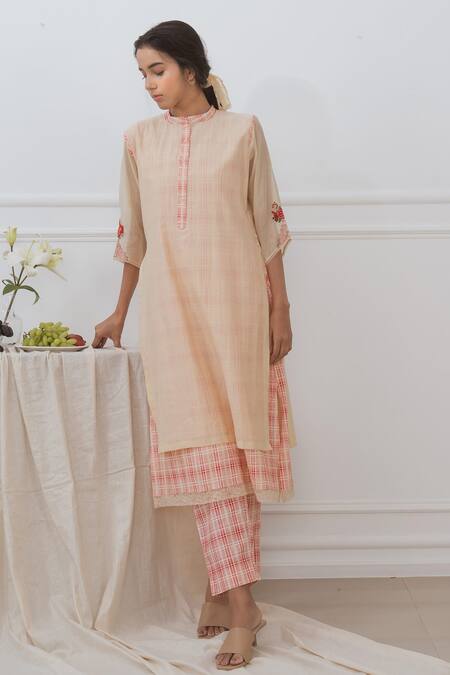Dhaari_Beige Cotton Silk Kantha Jewel Handwoven Layered Kurta _Online_at_Aza_Fashions