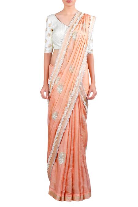Buy_LATHA PUTTANNA_Pink Silk, Banarsi Thread Round Neck Paisley And Saree With Blouse_Online_at_Aza_Fashions