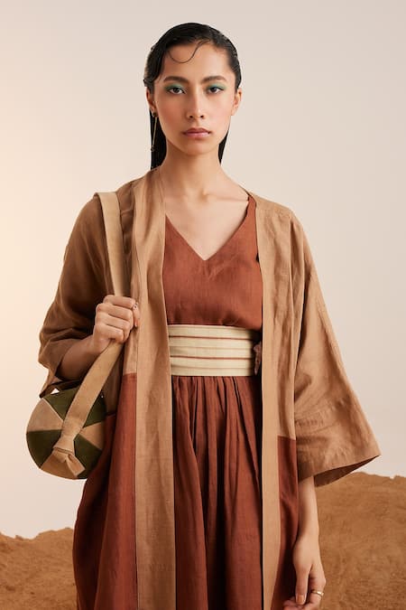 Cord_Brown Linen V-neck Freya Cape With Dress _Online_at_Aza_Fashions