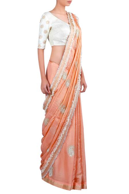 LATHA PUTTANNA_Pink Silk, Banarsi Thread Round Neck Paisley And Saree With Blouse_Online_at_Aza_Fashions