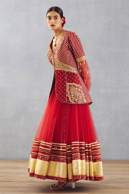 Buy_Torani_Red Lehenga Butterfly Net And Jacket Heavy Raw Silk Sindoori Jhilmil & Set _Online_at_Aza_Fashions