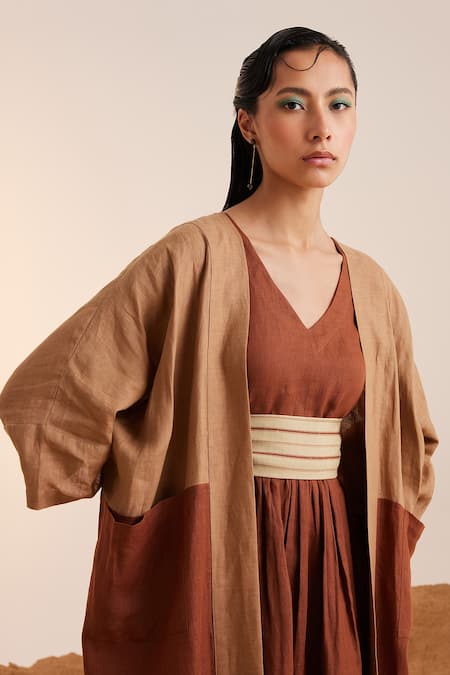 Buy_Cord_Brown Linen V-neck Freya Cape With Dress _Online_at_Aza_Fashions