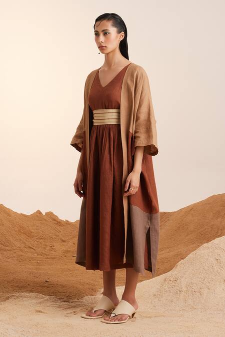 Shop_Cord_Brown Linen V-neck Freya Cape With Dress _Online_at_Aza_Fashions