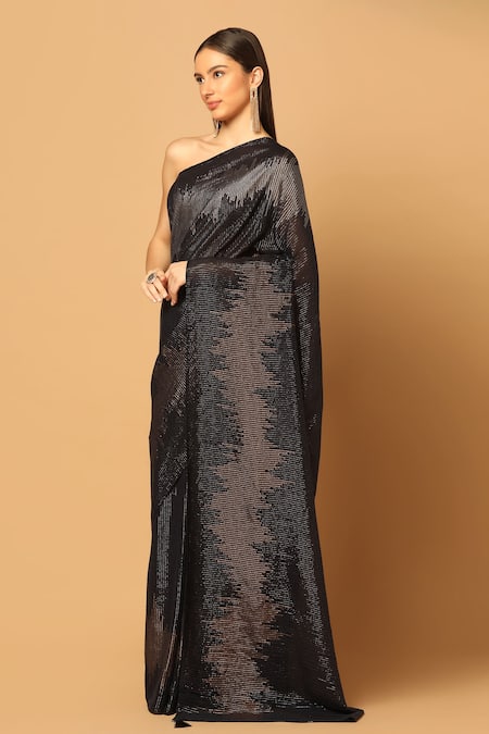 Two Sisters By Gyans_Black Georgette Sequins Zig Zag Pattern Saree With Unstitched Blouse Fabric _Online_at_Aza_Fashions
