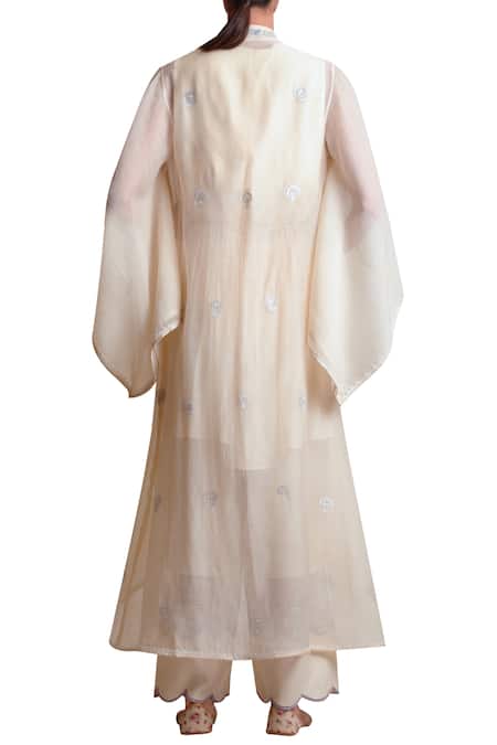 Shop Sue Mue Off White Handloom Cotton, Silk Organza V Neck Jacket Kurta Pant Set at Aza Fashions Shop_Sue Mue_Off White Handloom Cotton, Silk Organza V Neck Jacket Kurta Pant Set _at_Aza_Fashions