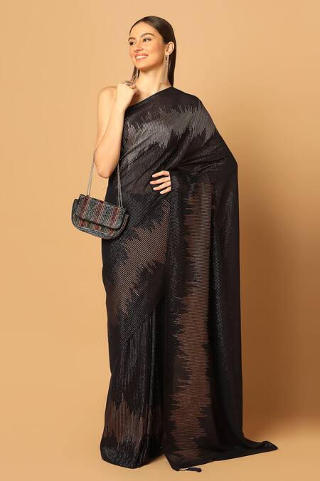 Buy_Two Sisters By Gyans_Black Georgette Sequins Zig Zag Pattern Saree With Unstitched Blouse Fabric _Online_at_Aza_Fashions
