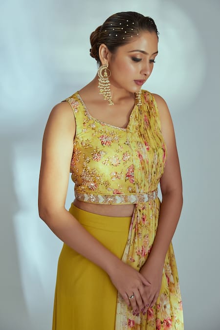 Suruchi Parakh_Yellow Georgette And Crepe Floral Pattern V Neck Draped Crop Top & Flared Pant Set _Online_at_Aza_Fashions