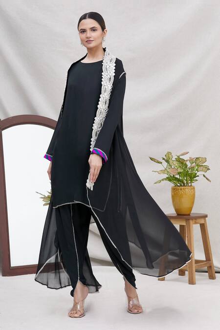 Ekta Singh Black Georgette Round Dhoti Pant Set With Asymmetric Floral Hem Cape 