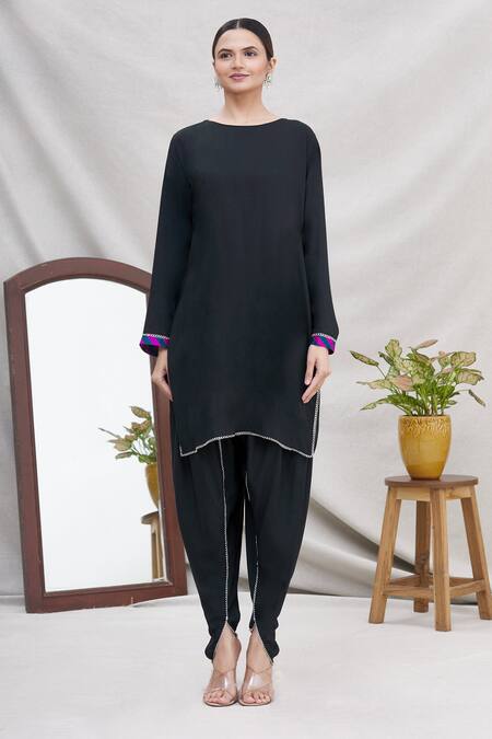 Buy_Ekta Singh_Black Georgette, Modal Round Dhoti Pant Set With Asymmetric Floral Hem Cape _Online_at_Aza_Fashions