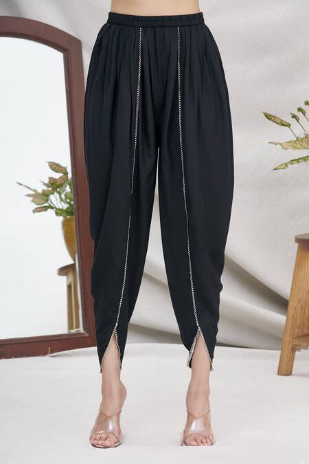 Shop_Ekta Singh_Black Georgette, Modal Round Dhoti Pant Set With Asymmetric Floral Hem Cape _Online_at_Aza_Fashions