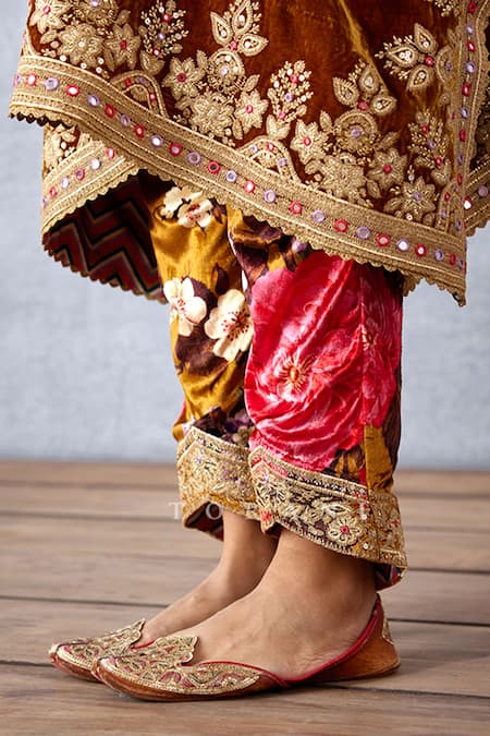 Shop_Torani_Yellow Silk Velvet And Cotton Voile Digital Print, Gota Aftaabi Kaftan & Pant Set _Online_at_Aza_Fashions