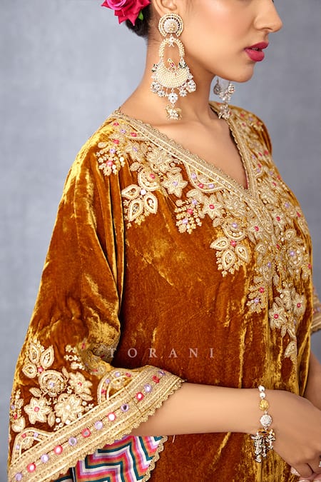 Torani_Yellow Silk Velvet And Cotton Voile Digital Print, Gota Aftaabi Kaftan & Pant Set _at_Aza_Fashions