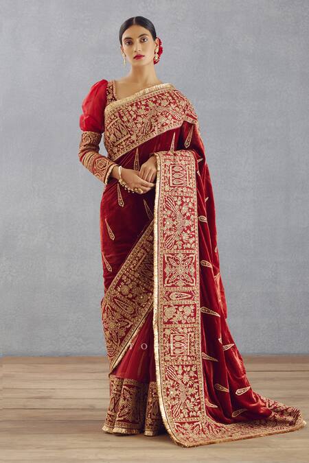 Torani_Red Velvet, Organza Adda Scoop Neck Sindoori Mahnoor One Sleeve Blouse _Online_at_Aza_Fashions