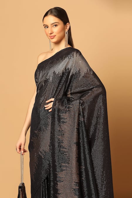 Shop_Two Sisters By Gyans_Black Georgette Sequins Zig Zag Pattern Saree With Unstitched Blouse Fabric _Online_at_Aza_Fashions