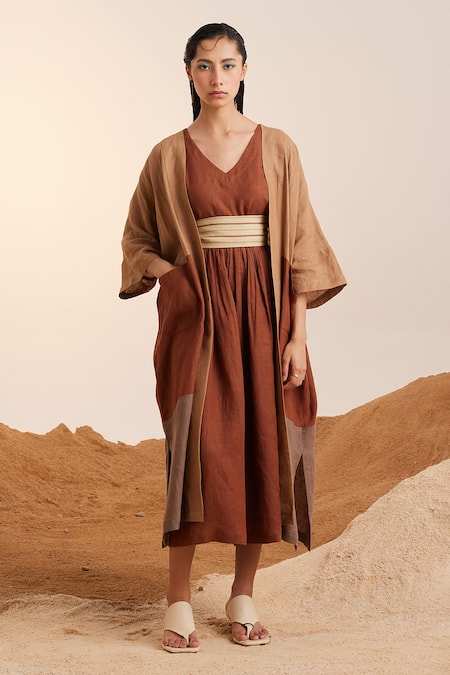 Cord_Brown Linen V-neck Freya Cape With Dress _at_Aza_Fashions