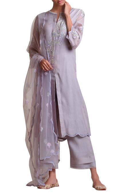 Buy Sue Mue Grey Tulle, Handloom Cotton Mandarin Collar Kurta Palazzo Set Online at Aza Fashions Buy_Sue Mue_Grey Tulle, Handloom Cotton Mandarin Collar Kurta Palazzo Set _Online_at_Aza_Fashions