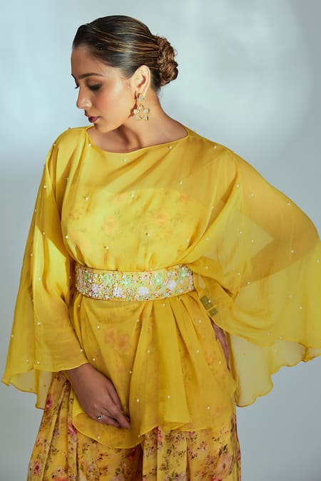 Suruchi Parakh_Yellow Crepe And Organza Floral Pattern Kaftan Boat Neck Print Pant Set With Top _Online_at_Aza_Fashions