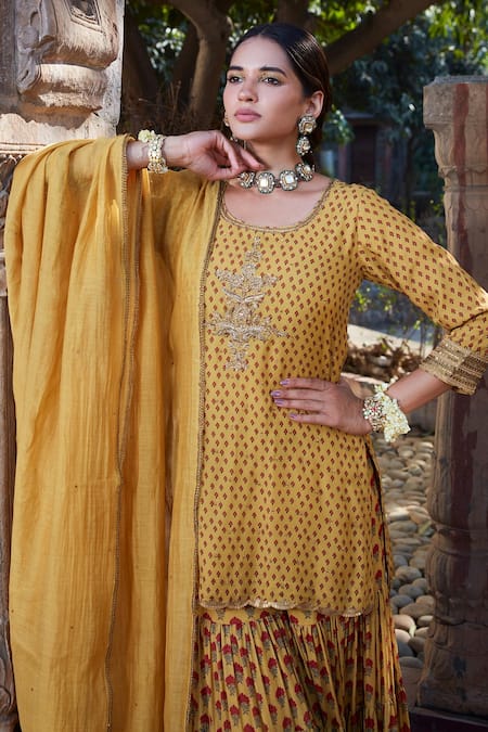 Buy_Kritika Dawar_Yellow Silk, Chanderi Beads Scoop Neck Floral Print Mulmul Kurta Gharara Set _Online_at_Aza_Fashions