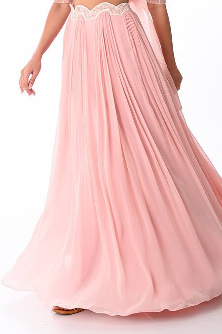 PIRI INDIA Pink Organza, Georgette Embroidery Round Neck Hand Crop Top And Lehenga Set Online at Aza Fashions PIRI INDIA_Pink Organza, Georgette Embroidery Round Neck Hand Crop Top And Lehenga Set _Online_at_Aza_Fashions