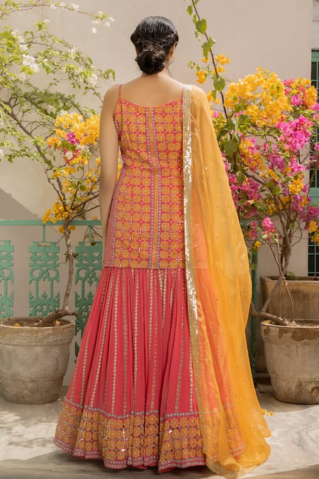 Shop Surbhi Gupta Pink Organza, Georgette, Cotton Silk Square Neck Printed Kurta Lehenga Set at Aza Fashions Shop_Surbhi Gupta_Pink Organza, Georgette, Cotton Silk Square Neck Printed Kurta Lehenga Set _at_Aza_Fashions