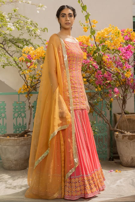 Surbhi Gupta Pink Organza, Georgette, Cotton Silk Square Neck Printed Kurta Lehenga Set Online at Aza Fashions Surbhi Gupta_Pink Organza, Georgette, Cotton Silk Square Neck Printed Kurta Lehenga Set _Online_at_Aza_Fashions