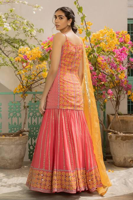 Buy Surbhi Gupta Pink Organza, Georgette, Cotton Silk Square Neck Printed Kurta Lehenga Set Online at Aza Fashions Buy_Surbhi Gupta_Pink Organza, Georgette, Cotton Silk Square Neck Printed Kurta Lehenga Set _Online_at_Aza_Fashions