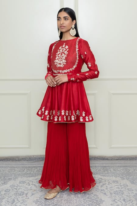 Sheetal Batra_Red Georgette, Organza, Chanderi Round Peplum Kurta Set_Online_at_Aza_Fashions