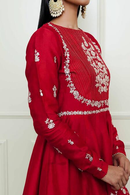 Buy_Sheetal Batra_Red Georgette, Organza, Chanderi Round Peplum Kurta Set_Online_at_Aza_Fashions