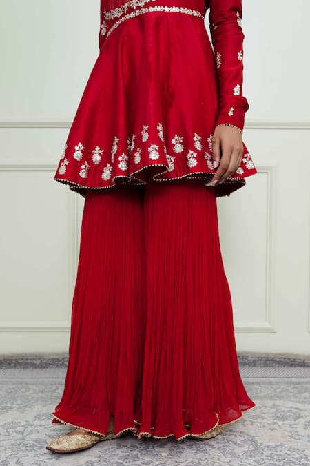 Shop_Sheetal Batra_Red Georgette, Organza, Chanderi Round Peplum Kurta Set_Online_at_Aza_Fashions