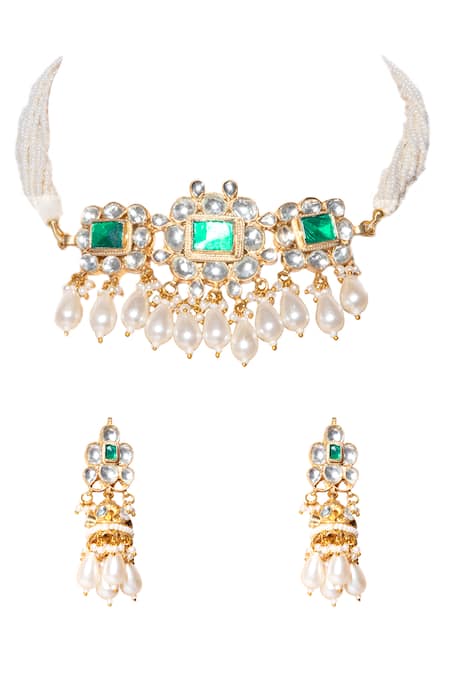 Shop Namasya Gold Plated Pearls, Stones, Beads Floral Pendant Choker Set at Aza Fashions Shop_Namasya_Gold Plated Pearls, Stones, Beads Floral Pendant Choker Set _at_Aza_Fashions