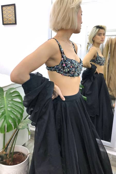 Maiti Shahani_Black Viscose Organza Sequins, Crystals, Hand Embroidered Choli Lehenga Set _Online_at_Aza_Fashions