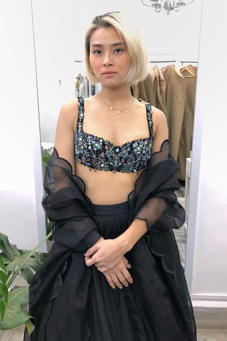 Buy_Maiti Shahani_Black Viscose Organza Sequins, Crystals, Hand Embroidered Choli Lehenga Set _Online_at_Aza_Fashions